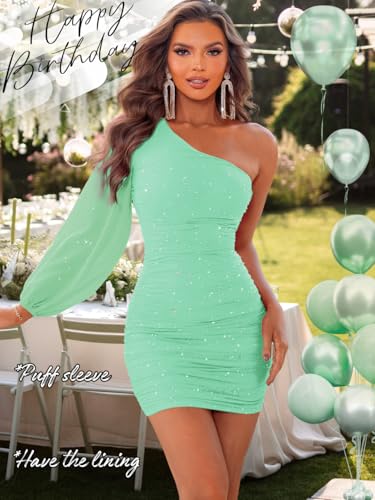 Image of ShawGobow Sparkly Outfits for Women,One Shoulder Ruched Bodycon Short Prom Dress,Sexy Dresses Cocktail Homecoming Nye