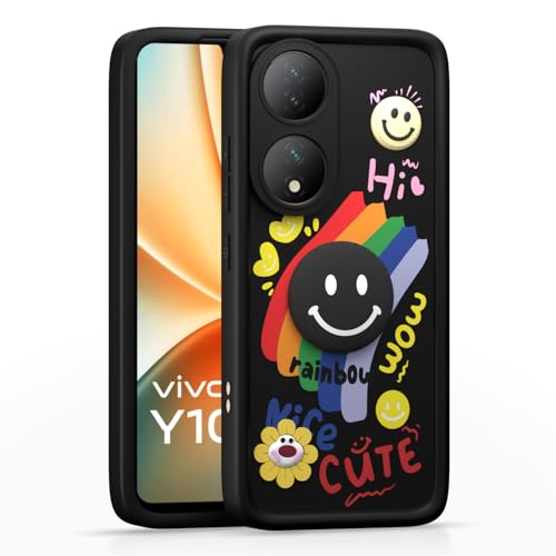 Image of Pikkme Back Cover for Vivo Y100 5G | Soft Silicone| Cute Rainbow Smile & 3D Cartoon Flower Design | Shockproof Raised Camera Protection Bumper Case (Black)