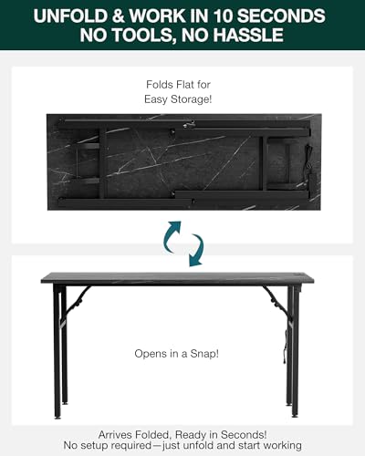 Image of Small Folding Computer Desk - 55.1 Inch Portable Table for Craft and Study, Lightweight Desk for Small Spaces, Foldable Laptop Table Built-in AC /USB Outlets for Convenience, Marble Greige