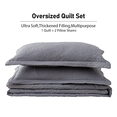 Image of Qucover Alaska King Bedspread 132x 120, Oversized King Bedspread Extra Wide, 3 Piece Soft Microfiber Lightweight Oversized King Quilts Bedding Set, Quilting Paisley Pattern, with Pillow Shams, Grey
