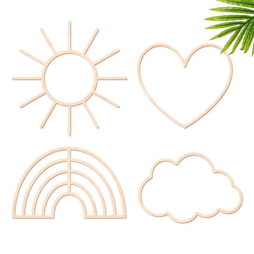 Image of 4 Pieces Boho Nursery Cloud Star Wall Decor Wooden Babyroom Moon Rattan Wall Decor Wooden Rainbow for Children Baby Kids Boys Girls Bedroom Nursery Pendant(Cloud Rainbow Sun Heart)