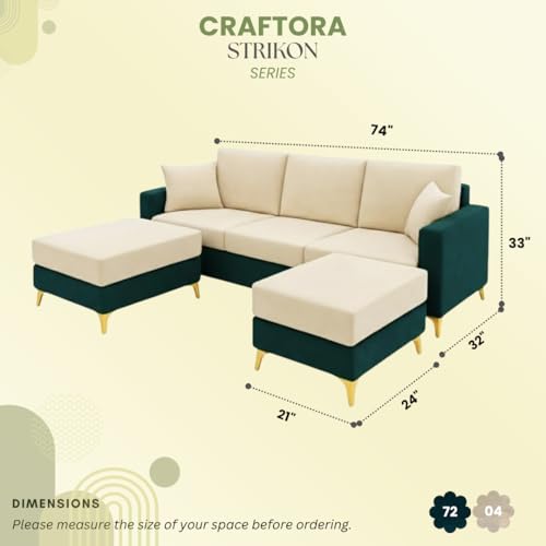Image of Strike Dual Tone Plush 5 Seater L Shape Sofa Set with 2 Movable Ottomans| Flexible Layout | Silken Velvet Suede| Golden Metal Legs|for Living Rooms & Office (Green Teal & Cream) | Breathable Material