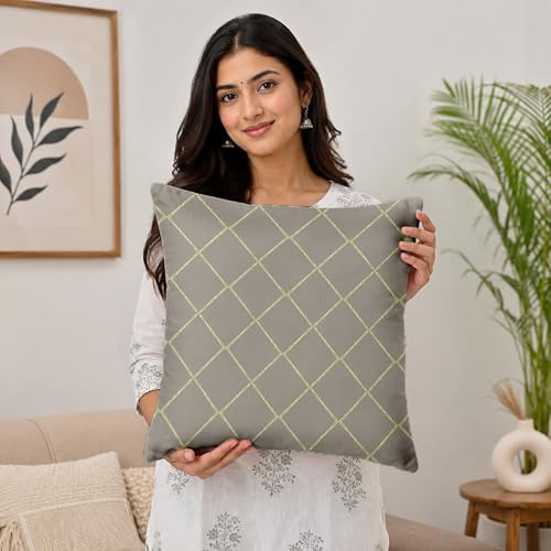 Image of Divine Casa Decorative Cushion Cover Set of 5 Light Brown | Velvet Feel Polyester Cushion Covers 16x16 Inch | Sofa Cushion Covers with Golden Lace Border | Modern Cushion Covers