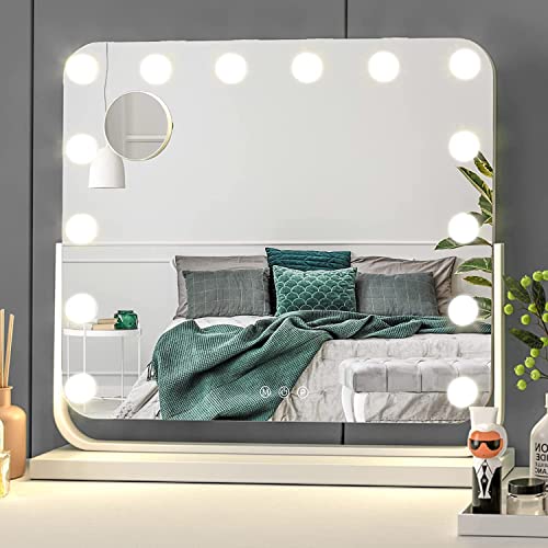 MAMIZO Hollywood Schminkspiegel mit 14 verstellbaren LED-Leuchten, Touch-Bedienung, weißer Schreibtisch-Schwenk-Schminkspiegel, 60 x 53 cm Schreibtischspiegel mit 10-fachem Vergrößerungsspiegel Cover