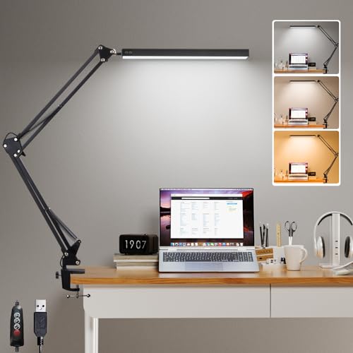 GLOBAL GOLDEN Desk Lamp Eye Caring LED Desk Light Adjustable Swing Arm Memory Function with 3 Color Modes x 10 Brightness Levels 12w Study Lamp for Office Nails School Working - Black
