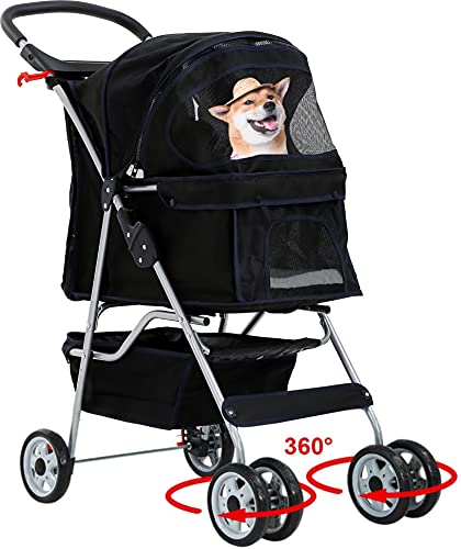 Dog Stroller Pet Stroller Cat Stroller for Medium Small Dogs Foldable Travel 3 Wheels Waterproof Puppy Stroller,Multiple Colors (Black)