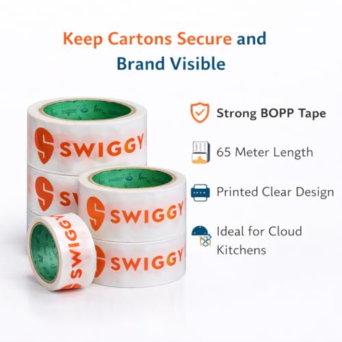 Image of Swiggy Food Packaging Tape | Very Strong Adhesive Tape | Suitable For E-Commerce | Packaging Material For Small Food Business | (48 Mm /2 Inch X 65Meter) (Pack Of 6),White | Very strong adhesive tape | Suitable for E-Commerce | Packing material for small food business