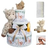 Lil' Baby Cakes Safari Diaper Cake - Beautiful Safari-Themed Baby Gift Using Size 1 Swaddler Diapers - Perfect for Baby Showers with Safari Animal Decorations, Giraffe Diaper Cake - 10 in x 12 in