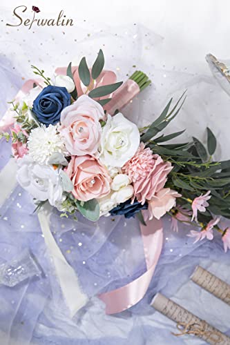 Ramo de boda rosa azul Serwalin artificial para novia y damas de honor 5