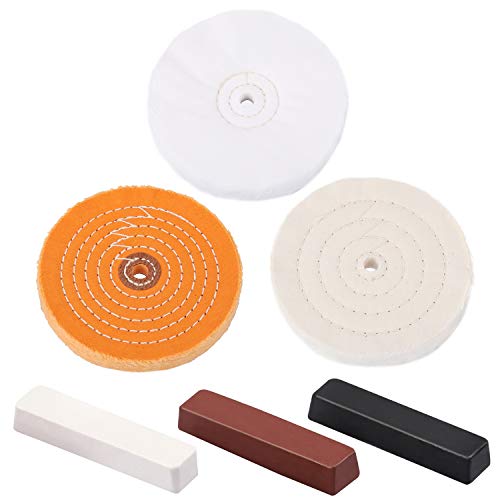 Makitoyo 6 PCS Buffing Polishing Wheels 6-inch with 3 Polishing Compounds Kit. Flannel (30 Ply), Cotton (60 Ply), Yellow Buffing Wheel (42Ply) with 1/2