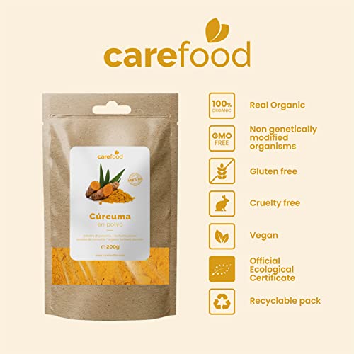 Carefood - Bio Kurkuma Pulver - Superfood Curcuma 100% Bio - Für Veganer - Supernahrung Ökologisch Ideal mit Goldener Milch, für Speisen, als Gewürz und zum Frühstück - 200 g