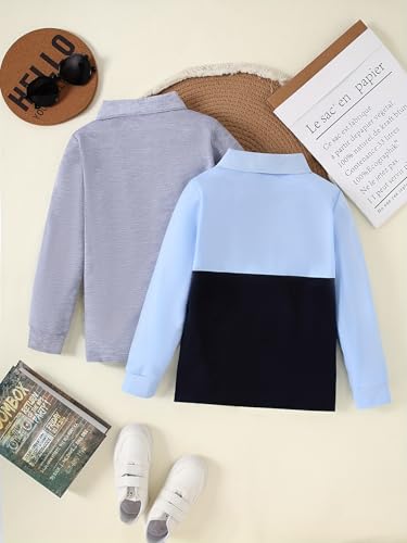 Boys Long Sleeve Polo Shirts, 2-Pack, Light Blue Color Block and Gray, 100/4 Years4