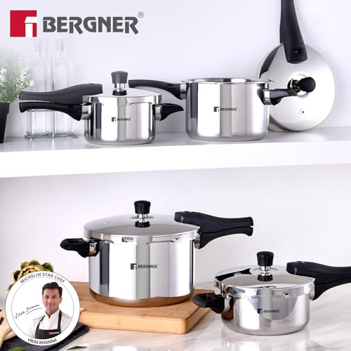 Image of Bergner Argent Elements Triply Stainless Steel 1.5 L Outer Lid Pressure Cooker, Healthy Cooking, Even Heat Distribution, Sturdy Handle, Easy Lock System, Safety Gasket - Induction and Gas Stove Ready