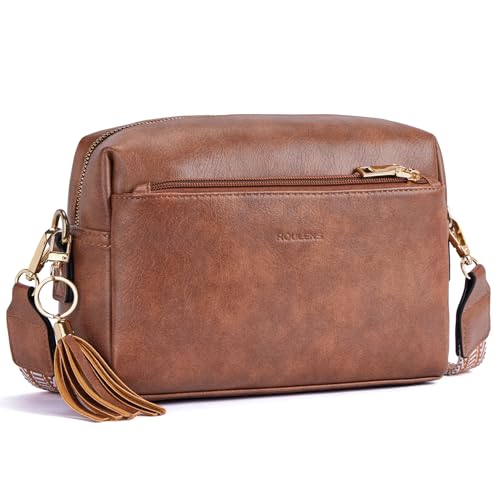 Roulens Damen Handy Umhängetasche,Veganem Leder Crossbody Schultertasche,Breiter Riemen Abendtasche mit drei Reißverschlussfächern Handtaschemit mit Kartenschlitz Verstellbar Abnehmbar Schultergurt