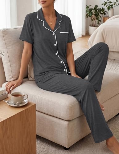 Image of ZMJ Womens Pajamas Sets 2 Piece Button Up Pj Sets Short Sleeve with Long Pant