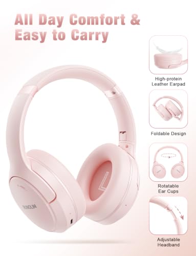 Image of RUNOLIM Hybrid Active Noise Cancelling Headphones, Wireless Over Ear Bluetooth Headphones with Microphone, 100H Playtime, Foldable Headphone with HiFi Audio, Deep Bass for Home Travel Office(Pink)