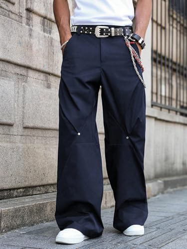 ZAFUL Mens Casual Pants Button Street Solid Color Wide Leg Patchwork Rivet Loose Fit Work Trousers4