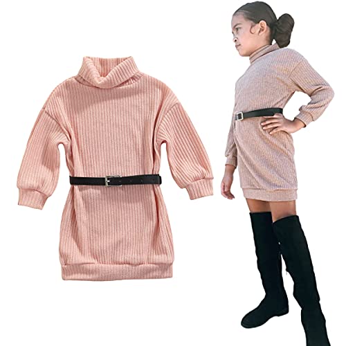 WALLARENEAR Toddler Baby Girl Knitted Turtleneck Sweater Dress Long Sleeve Pullover Straight Shirt + Leather Belt (Pink, 5-6 Years)