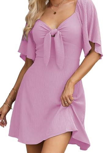 Image of Dokotoo Womens Dresses 2026 Deep V Neck Elegant Bow tie Mini Dress S-XL | Short Sleeve,V Neck,Graduation Party Dress,Elegant,Cocktail,Flowy Beach Vacation Wear,Casual Dress