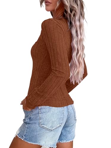 Image of APOFER Women's Long Sleeve Tunics Lightweight Ribbed Knit Blouse Scoop Neck Tops Snap Button Slim Fit Casual Henley Shirt
