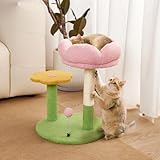 Petjoyi Small Cat Scratching Post Cute with Bed, Cute Flower Small Cat Tree Pink with Removable Cute Beds and Spring Ball, 20in Small Cat Scratcher for Indoor Cat/Kitten