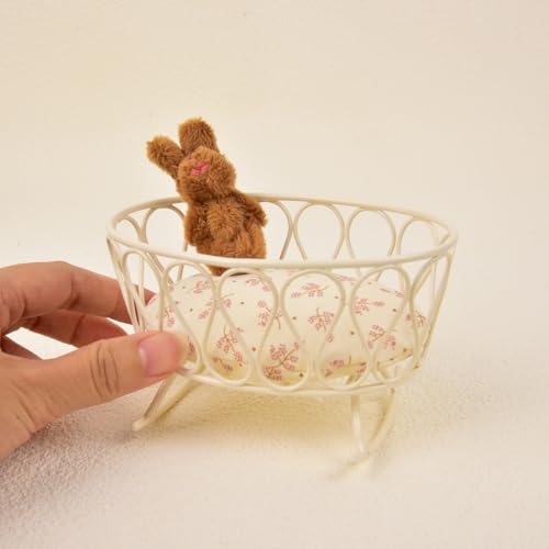 Funky Mini House 1:12 Scale Dollhouse Cradle - Miniature Iron Art Oval Cradle for Dollhouse with Mini Iron Cradle & Sewn Teddy Bear & Cushion for Boho...