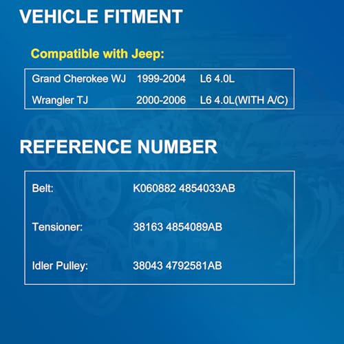 Image of Serpentine Belt Drive Component Kit with Tensioner & Idler Pulley Fit Jeep Grand Cherokee WJ 1999-2004 & Wrangler TJ 2000-2006 - L6 4.0L with AC, Replace 90K-38163