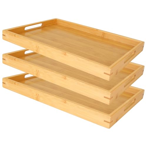 WOPPLXY Lot de 3 Plateau de Service Rectangulaire, 35 x 25 x 3 cm Plateau Bois Rectangulaire avec Poignées, Plateaux de Service Bois Naturel en Bambou pour...