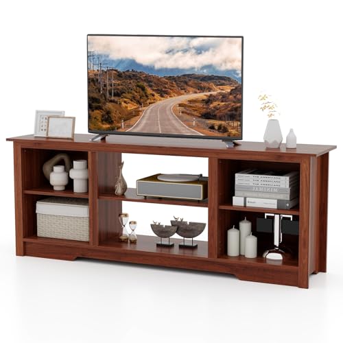 Tangkula 70-Inch TV Stand for up to 75' Flat Screen TVs, Media Console Table w/Adjustable Shelves, Home Entertainment Center Fireplace Cabinet for 26' Electric Fireplace (Not Included), Walnut