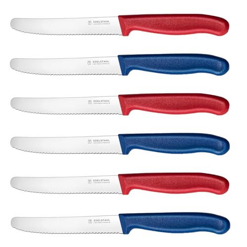 targzier Tomato Knife Multi-Color Set of 6, Kitchen Knife Sets,Sharp Serrated Kitchen Knives,Stainless Steel Utility Knifes,Wavy Edge Dinner/Table Knifes,Tomato Knives Set,Ergonomic Handle(Red&Blue)