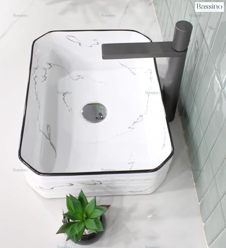 Image of BASSINO 18x13x5 Inches Ceramic Counter Top Wash Basin /White & Black Marble Print Basin for Bathroom /Rectangular Shape Tabletop Washbasin for Restaurant /Dining Hall /Living Room /Home(Glossy)