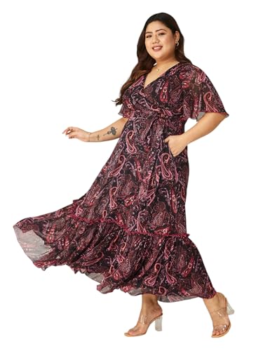 Image of Miss Chase A+ Women's V-Neck Three-Quarter Sleeve Floral Wrap Chiffon Midi Dress