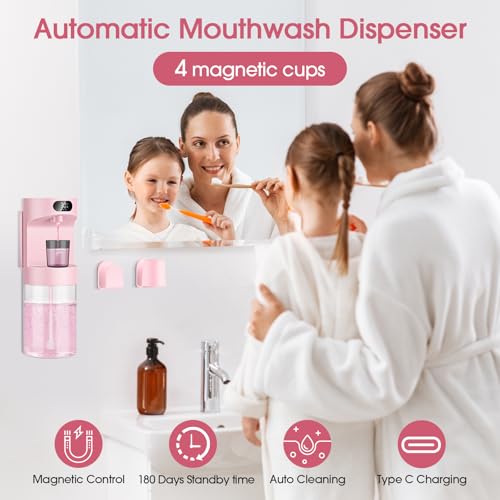 Image of Automatic Mouthwash Dispenser for Bathroom,20.29 oz Touchless Electric Mouth Wash Dispensers Bathroom Accessories Set with 4 Magnetic Cups,4 Modes Wall Mounted Mouth Wash Dispenser for Home