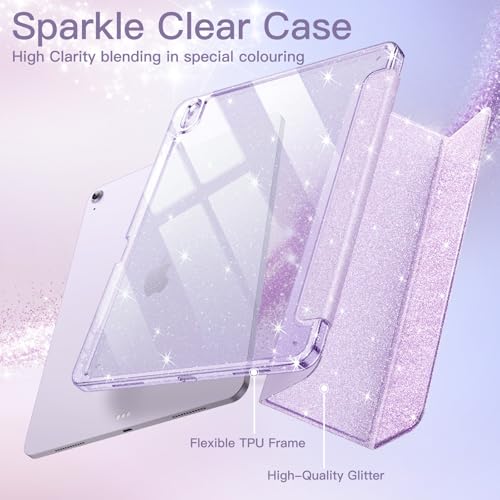 JETech iPad Air 11インチ M3/M2 (2025/2024)、iPad Air 5/4 (2022/2020モデル、第5/4世代)用 グリッターケース Pencilホルダー付き キラキラかわいい スリムカバー 子供や女の子向け 光沢のあるクリアバックシェル (パープル)