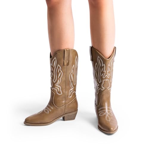 Dream Pairs Women'S Cowboy Boots Mid Calf Cowgirl Boots Embroidery Stitched Western Boots,Size 8,Light Brown-Pu,Dwummb2419 thumb #5