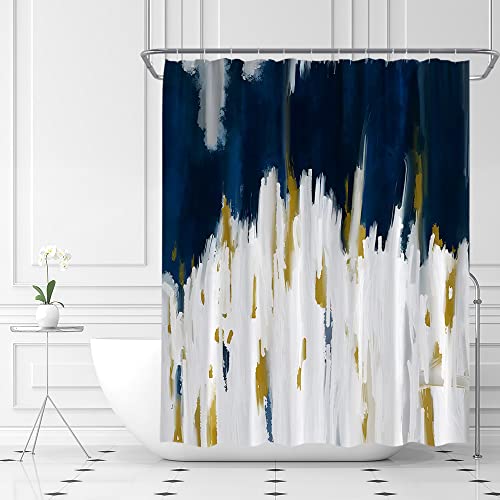 Tfggndf Navy Blue Gold Shower Curtain Abstract Oil Painting Striped Watercolor Brush Strokes Ombre White Modern Contemporary Bathroom Decor Polyester Curtain With Hooks #TOP3