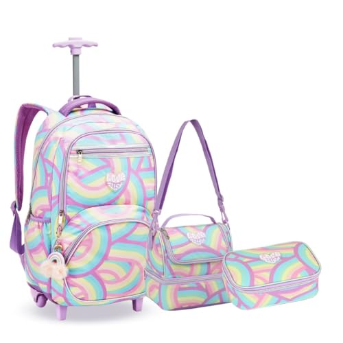 Kit Mochila Rodinha Juvenil Pompom Arco Iris Escola Meninas