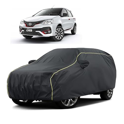 Image of Sulfar 100% Water Resistant Car Body Cover Compatible with Mirror for Toyota Etios Liva (Triple Stitched, Full Bottom Elastic, Dark Grey Taffeta with Yellow Piping)