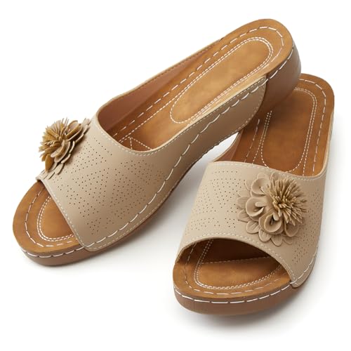 Rungion Womens Summer Beach Sandals Wedge Low Open Toe Slides Ladies Dressy Sandals Slipper Platform Comfortable Flower Sandals