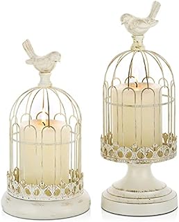 Romadedi Decorative Candle Holder Bird Cage - Set of 2 Cage Lanterns for Candleholder Shabby Chic Country Home Decoration Table Centerpiece Mantel Decor, 26cm /31cm Tall, Distressed Ivory