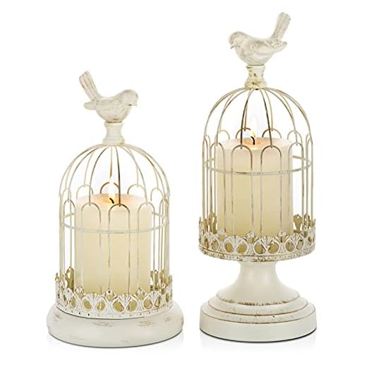 Decorative Candle Holder Bird Cage - Set of 2 Cage Lanterns for Candleholder Shabby Chic Country Home Decoration Table Centerpiece Mantel Decor, 10’’/12’’ Tall, Distressed Ivory