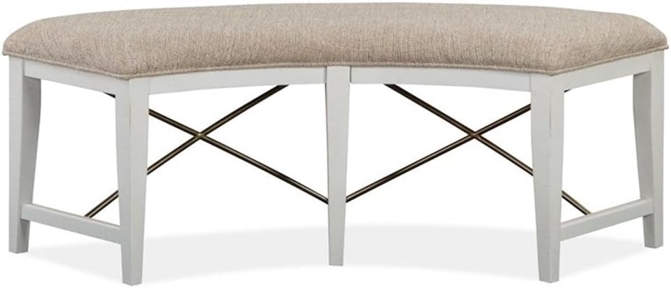 Transitional Wood Curved Bench, Upholstered Seat, Chalk White Finish, 19" H x 52" W x 21.75" D, Cottage-Inspired Design, Metal Accents, Farmhouse Style Kitchen or Dining Room Seating