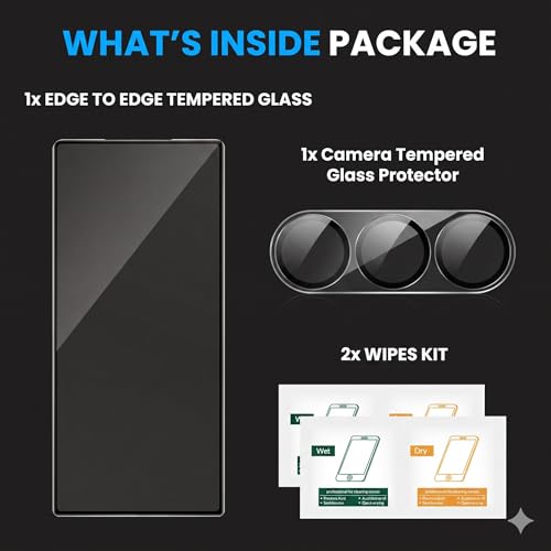 Image of ArmourPro Tempered Glass and Black Camera Lens Protector for Samsung Galaxy Z Fold 6, Edge to Edge Screen Guard, Anti-Bubble, Scratch Resistant, HD Clear, Anti-Fingerprint, Installation Kit | Black