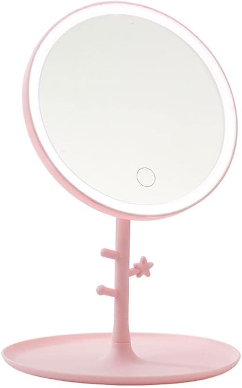 GRSTREE LED Világítású Sminktükör Érintéses Fényerő Szabályozással Rózsaszín Hordozható Asztali Kozmetikai Tükör USB Töltős