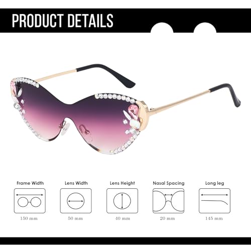 Image of Dervin Cat Eye Sunglasses for Women - UV400 Protection, Rimless Flower Diamond-Cut Lens, Trendy Driving Shades for Women