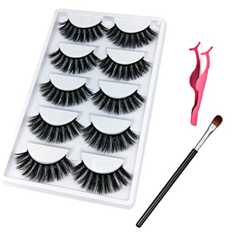 Mink Lashes Natural Looking Faux Mink Long Thick Fluffy False Eyelashes Soft Make Up Dramatic Handmade Reusable 5 Pairs Lashes Packs With Tweezers
