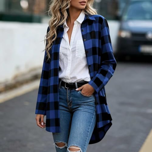 Plaid Shirts for Women Casual Button Down Shackets Business Blouse Top (US, Alpha, Large, Regular, Regular, Blue) - image 2