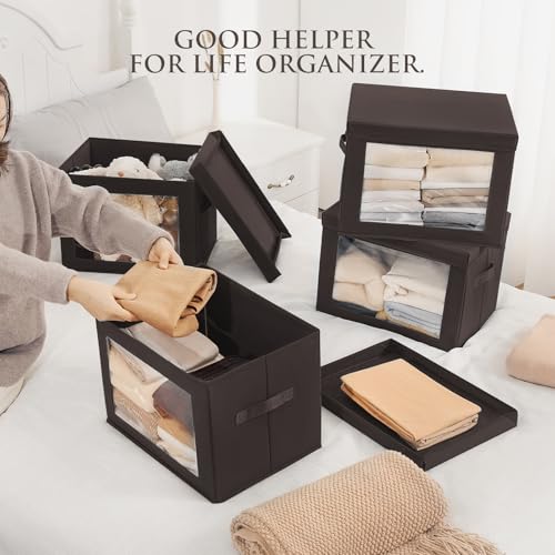 Image of Homsorout Stackable Storage Bins with Lids - Large Storage Box with Lids, Foldable Closet Boxes for Organizing, Wardrobe Clothes Organizer with Window, Cubes Bins for Living Room, 3 Pack, Brown