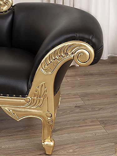 Image of Chaise Lounge Royal Carving Sofa Design Golden Polished and Leatherette Cover (Black) - 3 Seater