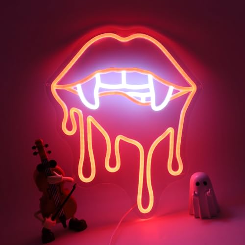 Image of Vampire Fangs Neon Sign, Red Lips LED Light for Halloween Wall Decor, Horror Gothic Neon Sign for Bedroom, Bar, Vampire Theme Party Decorations